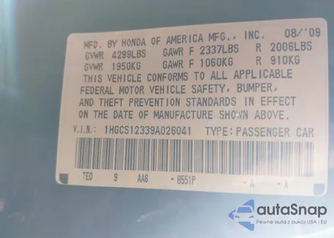 2009 Honda Accord 2.4 Lx-S z USA, uszkodzony, nr VIN 1HGCS12339A026041